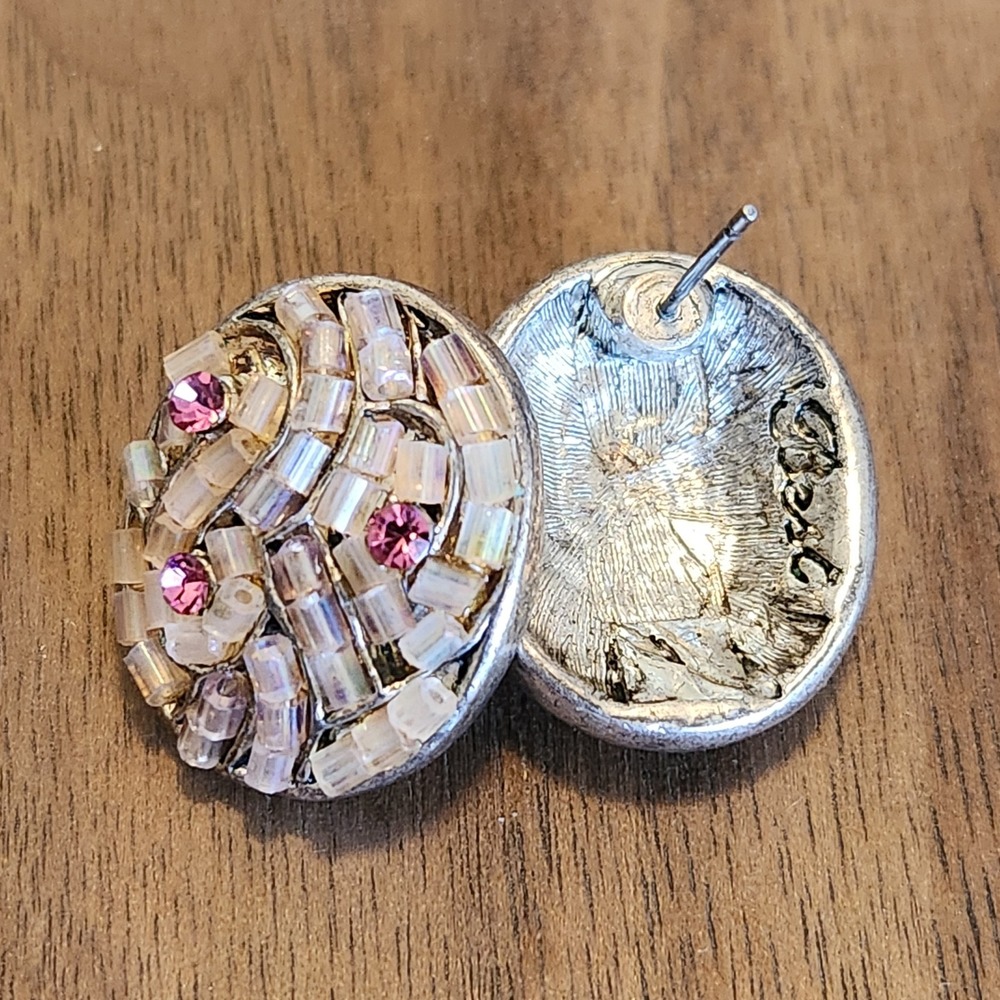Vintage Iridescent Beaded Pink Rhinestone Oval Stud Earrings Silver Tone 0.75" - Picture 6 of 7